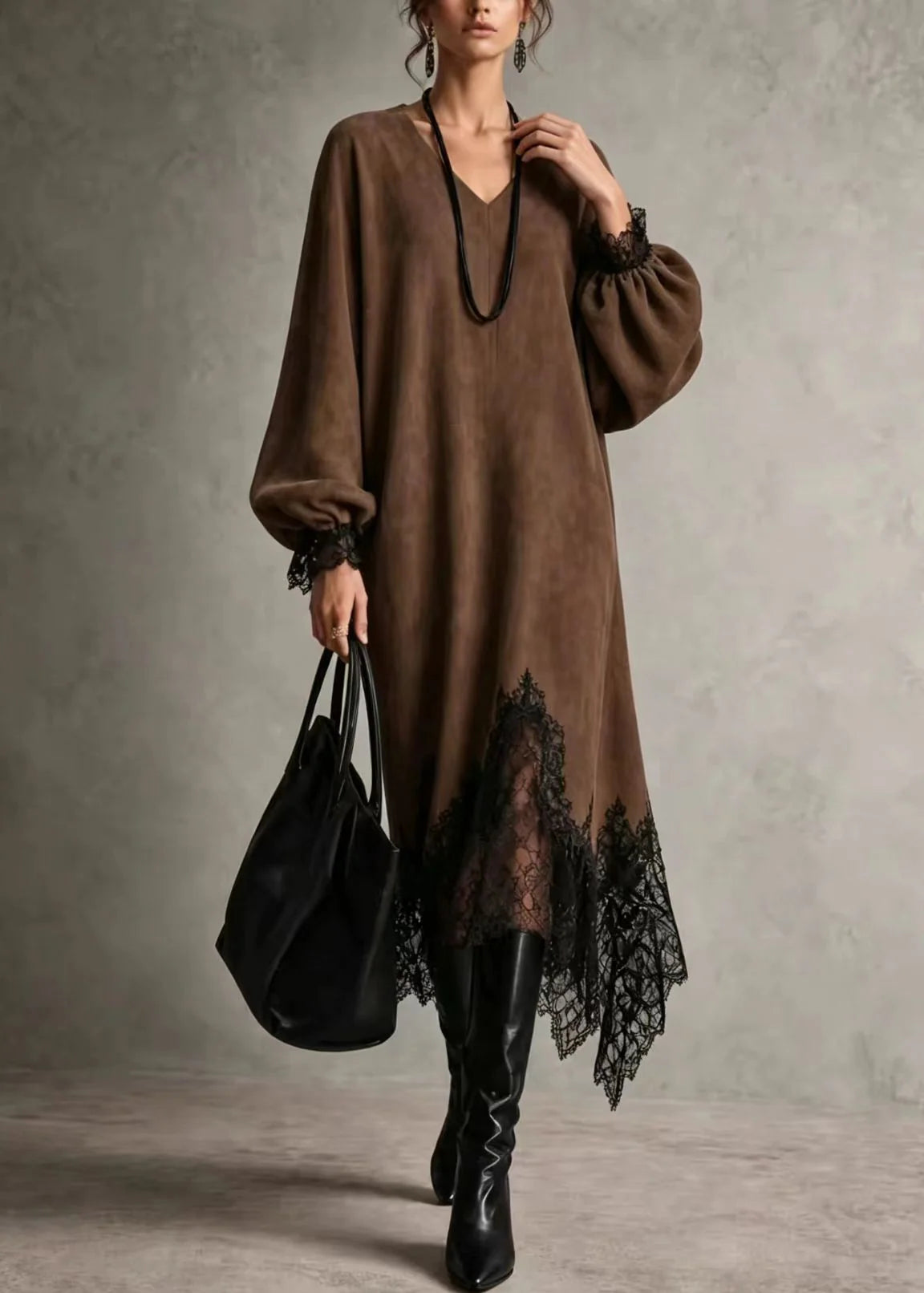 Dames jurk asymmetrisch kant patchwork herfststijl 1
