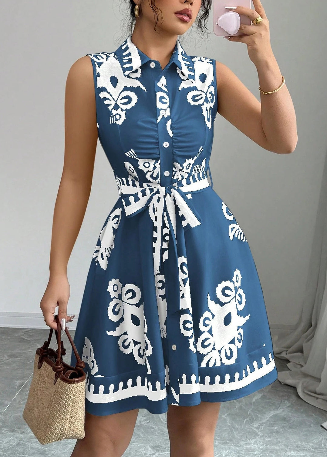Dames overhemdjurk met boho print en tailleband 2