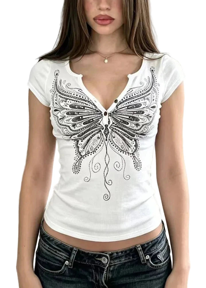 Damesblouse met Vlinderprint en V-hals Korte Mouwen 1