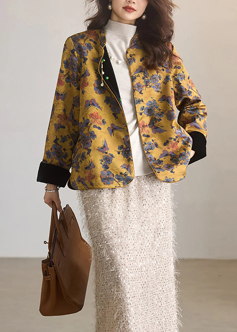 Damesjas Vintage Jacquard Omkeerbaar Met Mandarijnkraag 2