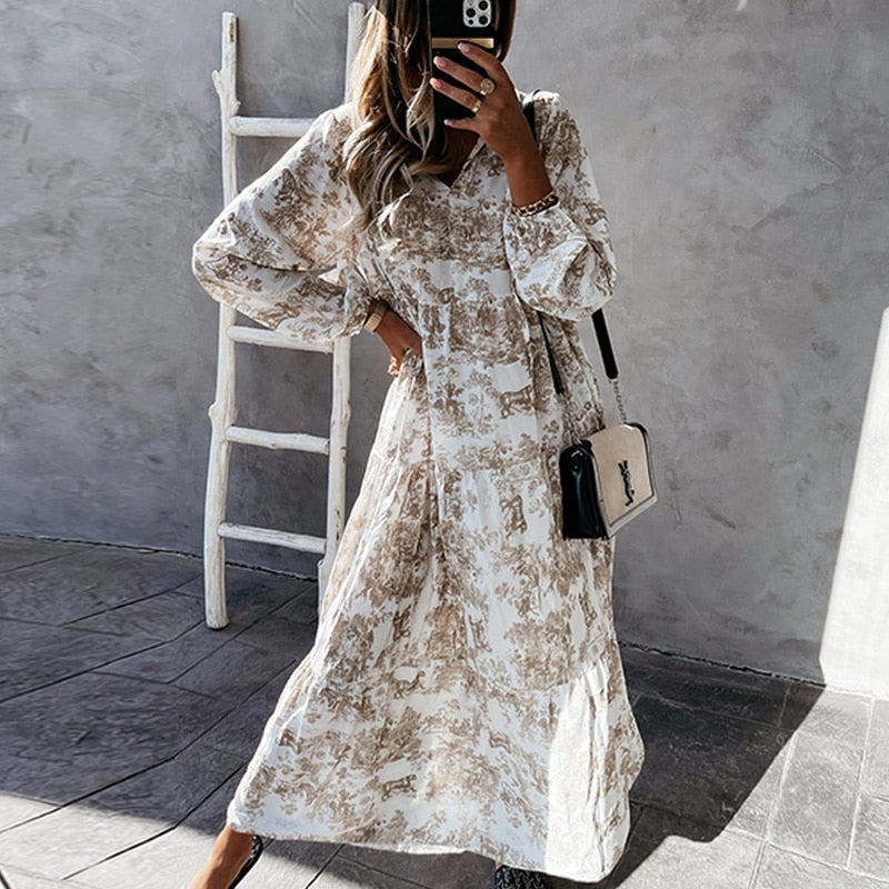 Dames Maxi Jurk Lange Mouwen V-Hals Katoen Ruffle Details-6