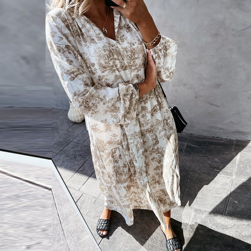 Dames Maxi Jurk Lange Mouwen V-Hals Katoen Ruffle Details-5