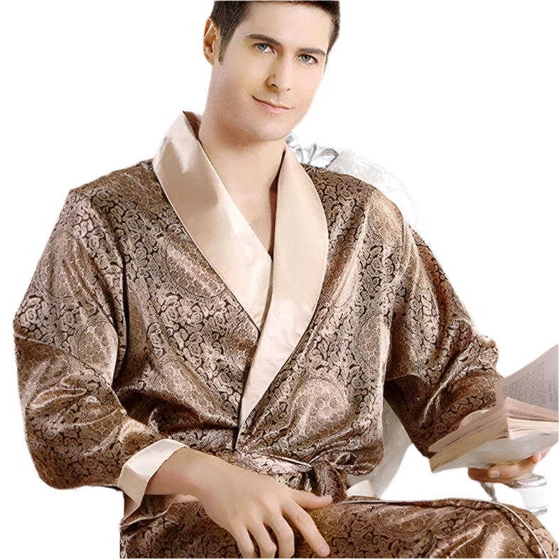 Heren Badjas Luxe Satijn Met Gouden Print 0