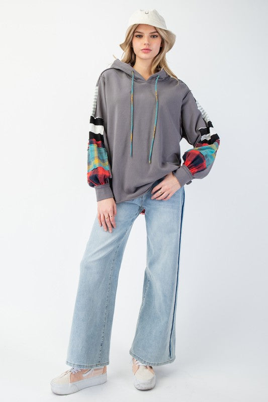 Heren Hoodie Terry Knit Mix Ruit Grijs 1