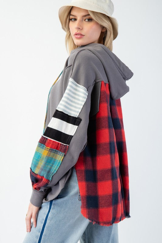 Heren Hoodie Terry Knit Mix Ruit Grijs 3