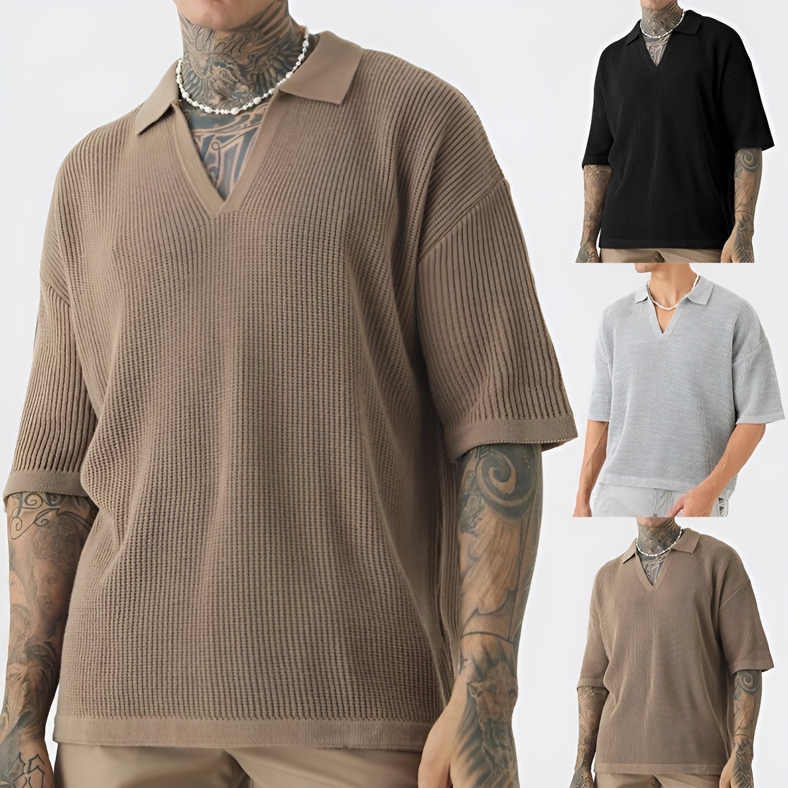 Heren Polo Shirt Oversized Retro V-Hals Korte Mouwen 3