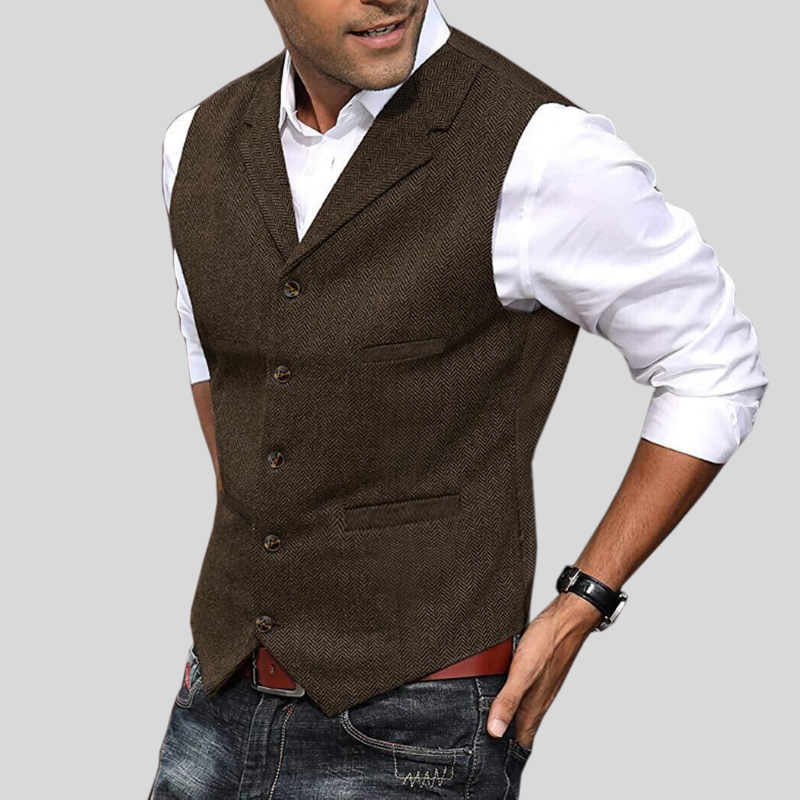 Heren Vest Korte Mouwen Herringbone Stijl Moderne Pasvorm 6