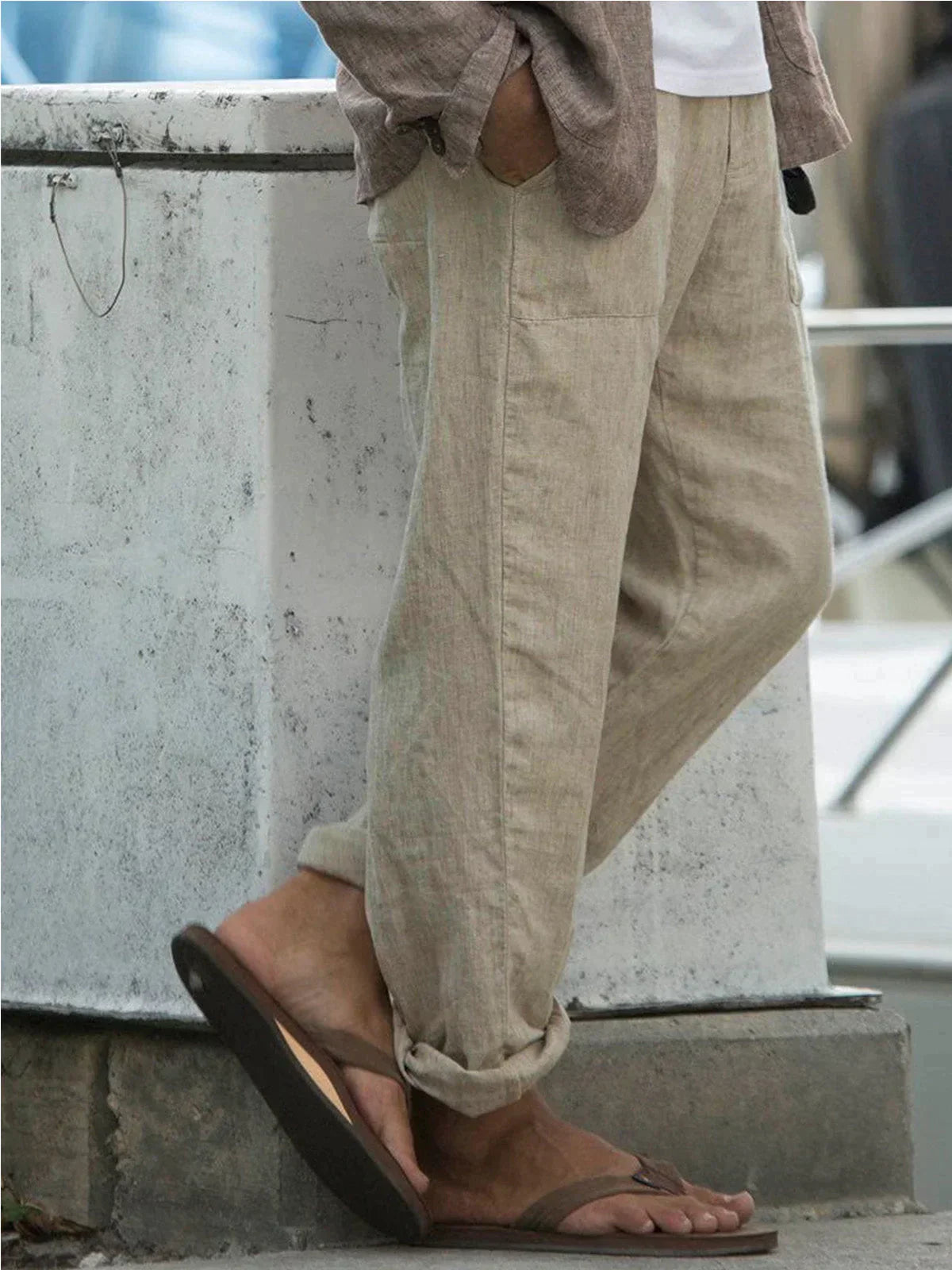 Heren Linnen Broek Beige Grijs Stijlvol Ademend Comfortabel-2