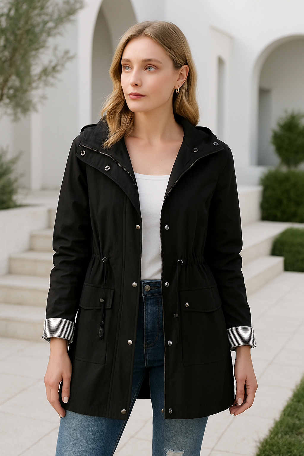 Lange Dames Jas Waterdicht Met Capuchon En Verstelbaar Trekkoord 3