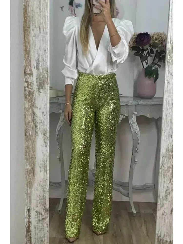 Dames Feestbroek Met Sprankelende Pailletten Polyester Elastaan 5