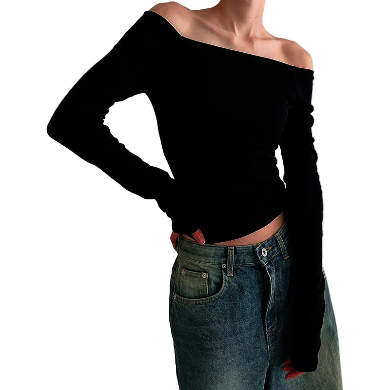 Effen Off Shoulder Lange Mouw Tops