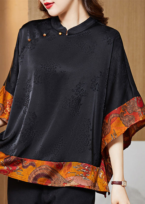 Vintage Zwarte Mandarin Kraag Asymmetrische Patchwork Zijde Blouse 3