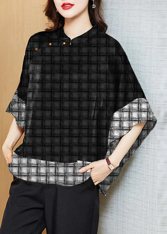 Vintage Zwarte Mandarin Kraag Asymmetrische Patchwork Zijde Blouse 5