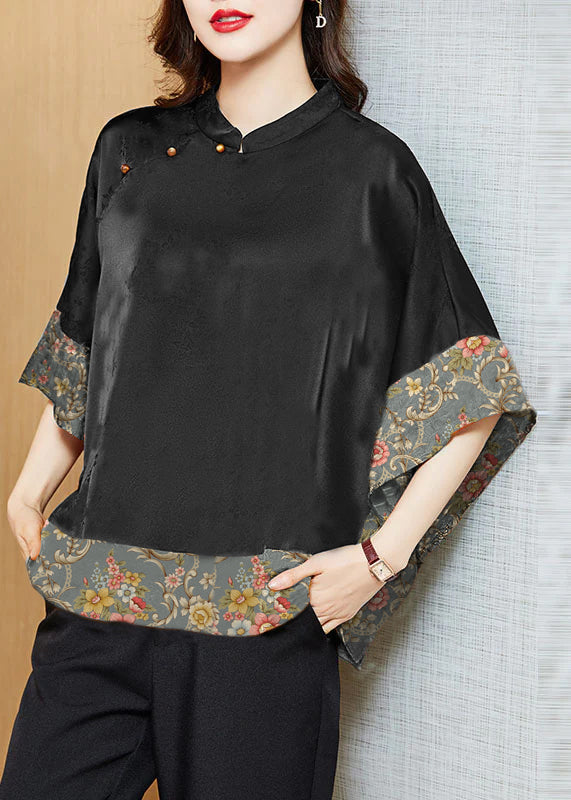 Vintage Zwarte Mandarin Kraag Asymmetrische Patchwork Zijde Blouse 6