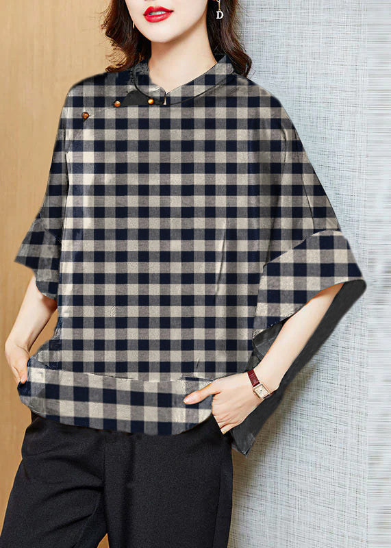 Vintage Zwarte Mandarin Kraag Asymmetrische Patchwork Zijde Blouse 9