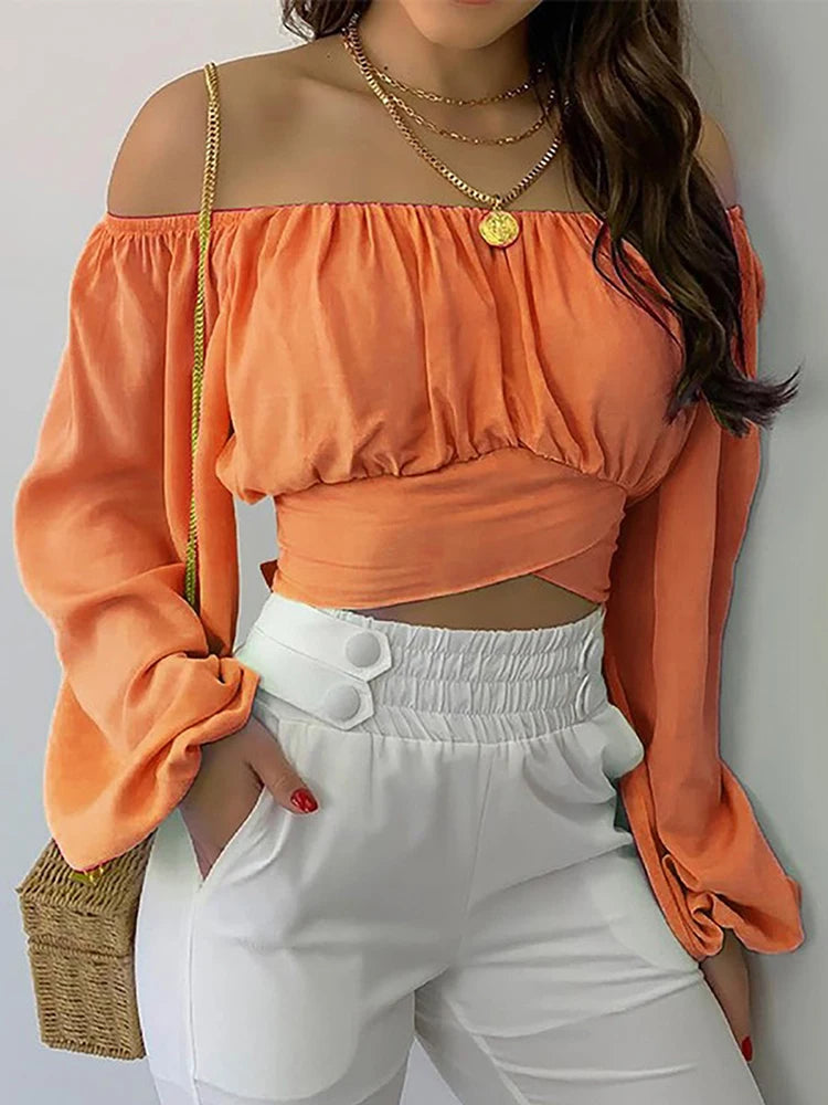 Vrouwen Blouse Off Schouder Met Lantaarnmouwen 2