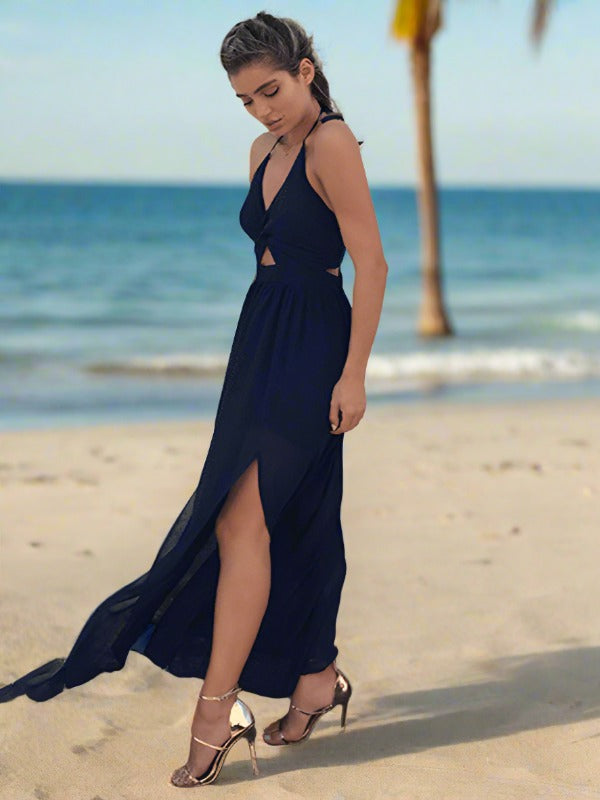 Vrouwen Maxi Jurk Halter V-hals Chiffon Bloemenprint 9