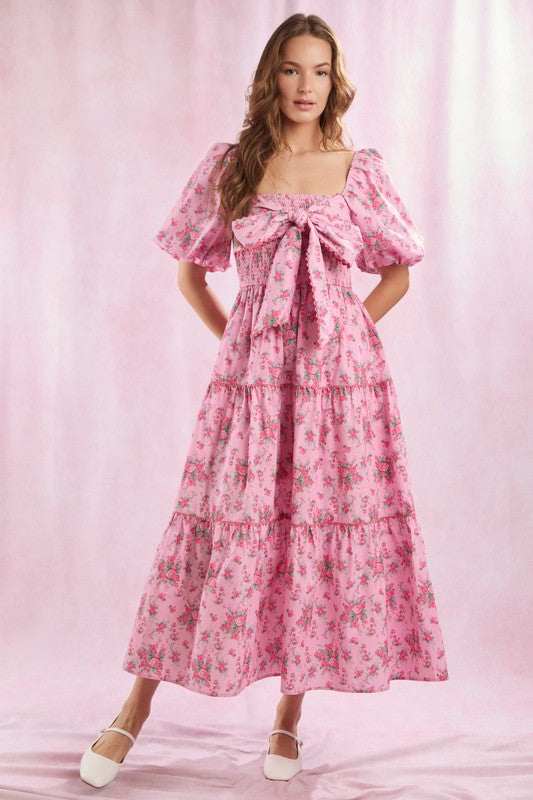 Vrouwen Maxi Jurk Met Bloemenprint Voorzijde Strikdetail 1