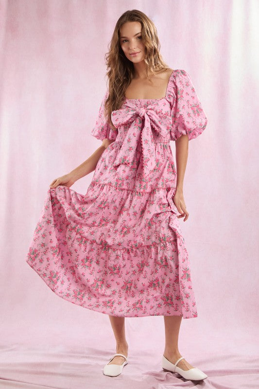 Vrouwen Maxi Jurk Met Bloemenprint Voorzijde Strikdetail 2