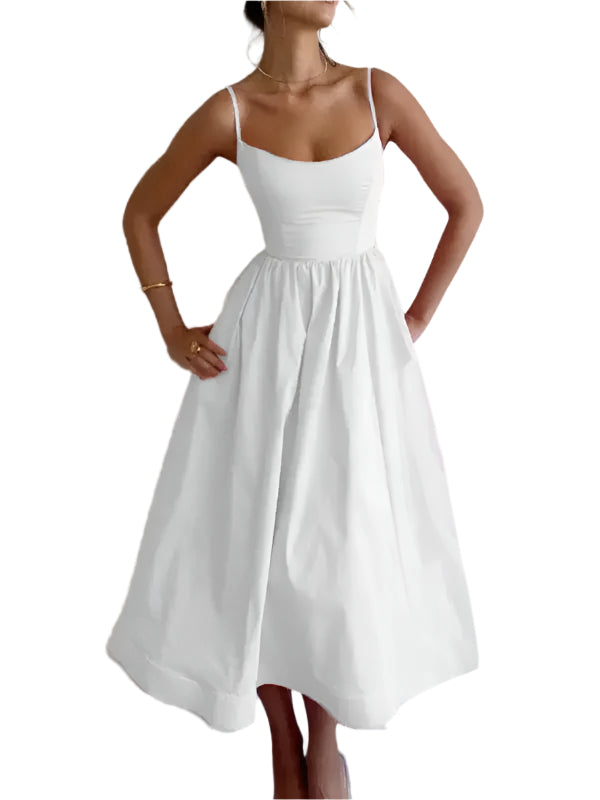 Vrouwen Midi Jurk U-Hals Plissé Spaghetti Bandjes 0