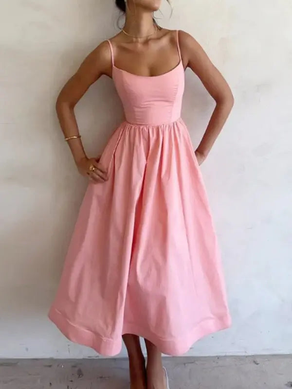 Vrouwen Midi Jurk U-Hals Plissé Spaghetti Bandjes 2