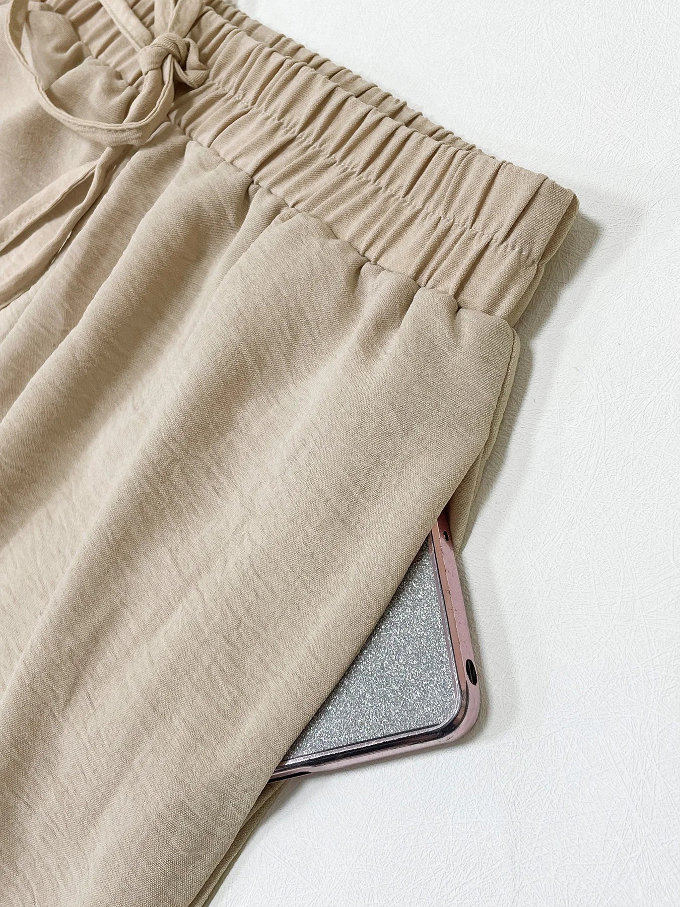 Vrouwen Rechte Broek Met Strik Voorzijde Elastische Taille Hoogwaardige Stof 4