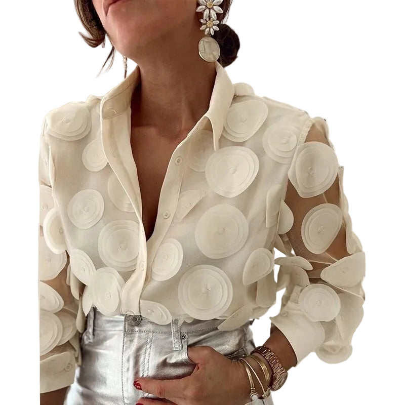Witte Dames Blouse Lange Mouw met Puntkraag en Knoopsluiting 0