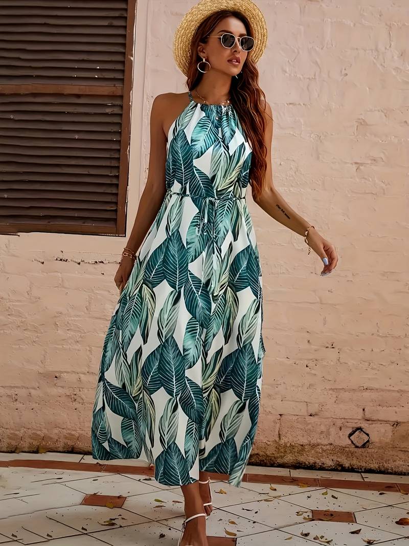 Variant image for Dames Strandjurk Nekholder Tropisch Bladpatroon Luchtig Polyester-7