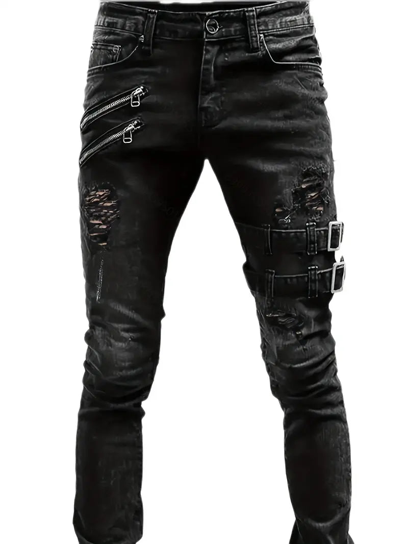 Variant image for Heren Biker Jeans Casual Denim met Gewatteerde Inserts en Ritsdetails-1