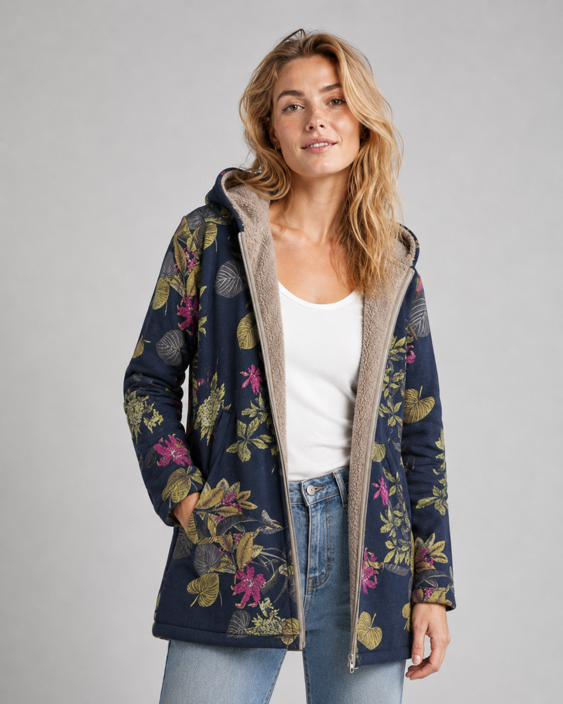 Dames Fleecejack met Capuchon en Bloemenprint