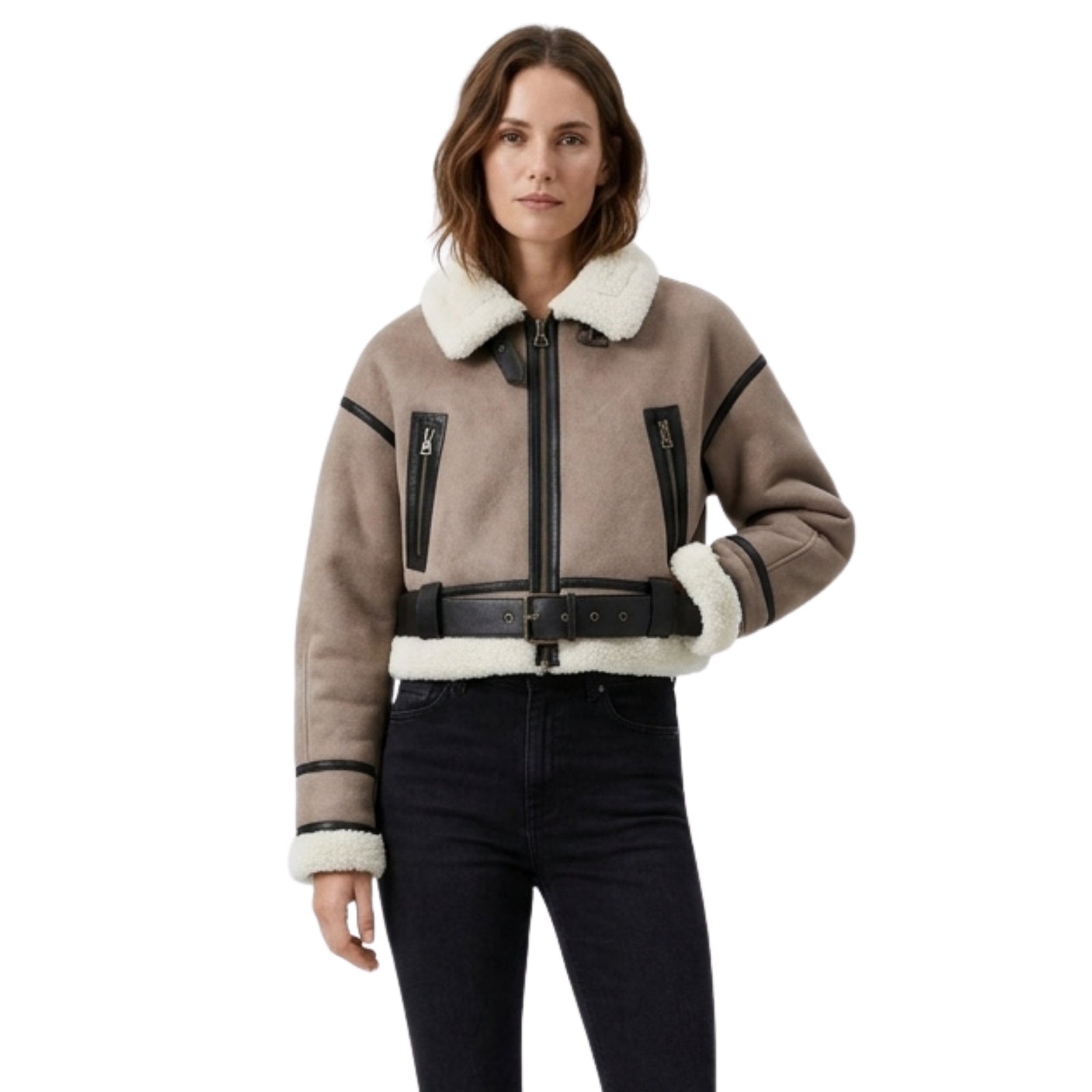Dames Sherpa Jas Met Vintage Leren Accenten