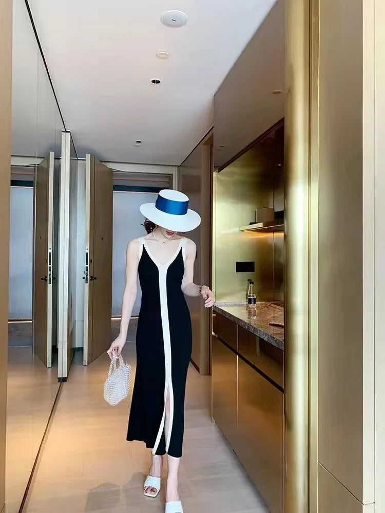 Vrouwen mouwloze gebreide V-hals jurk