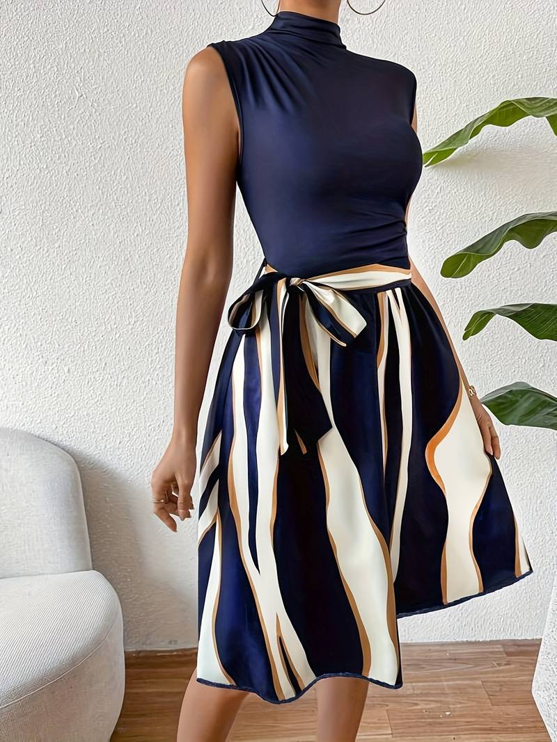 Dames Jurk Patchwork Met Riem en Patrouilledruk, Ideaal Voor Zomer En Casual Gelegenheden-4