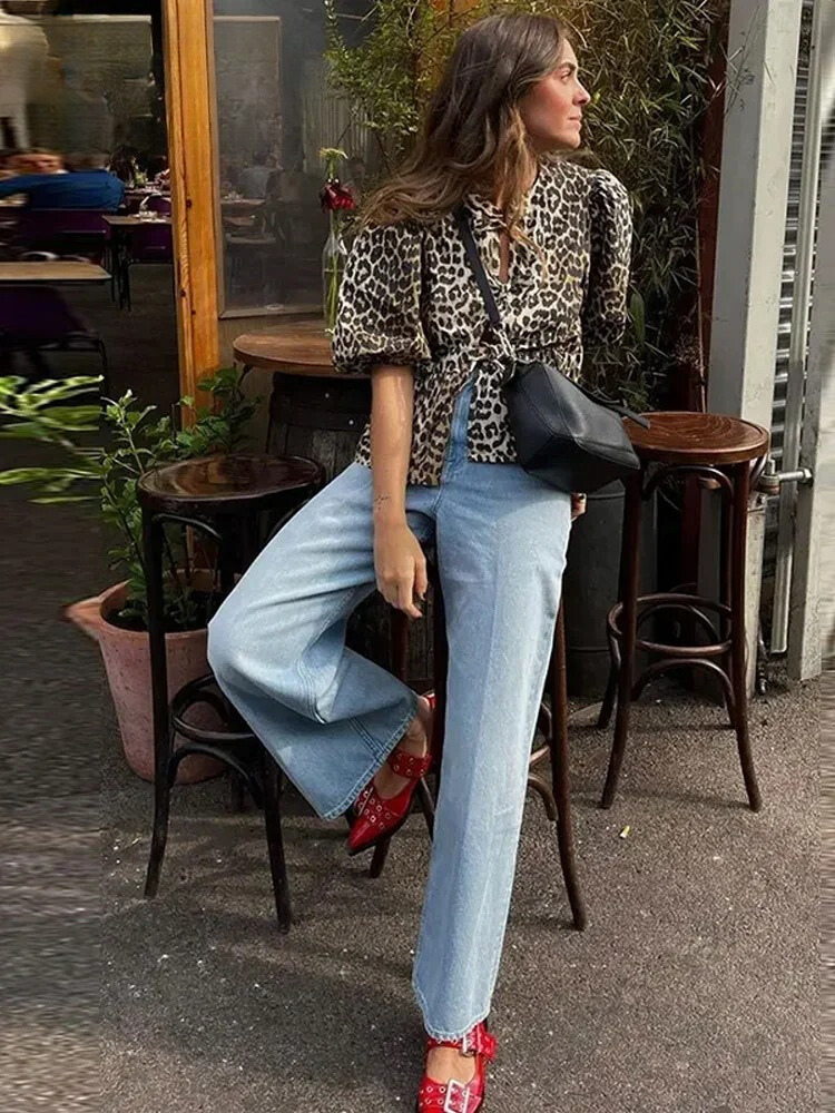 Luipaardprint blouse met pofmouwen