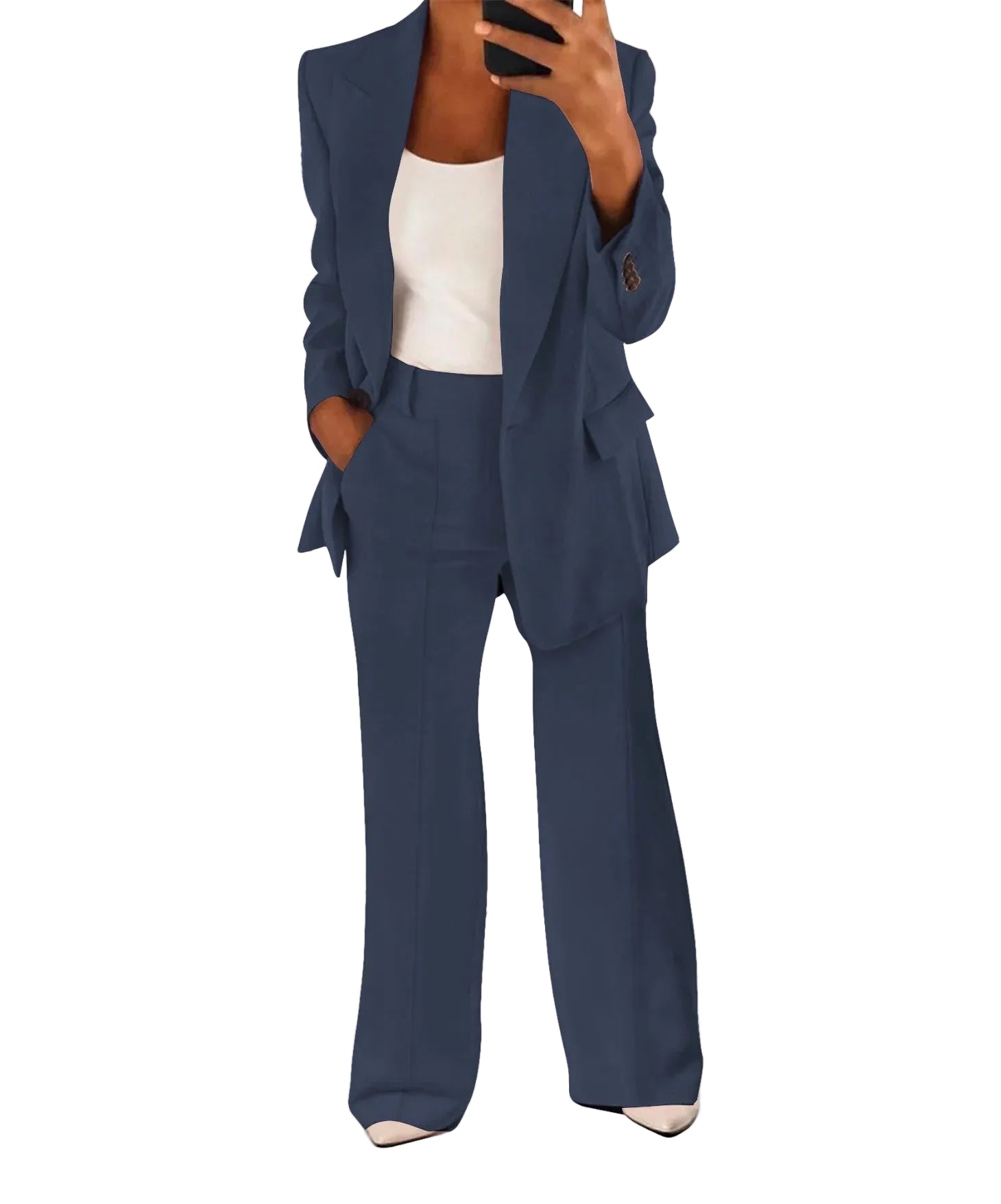 Dames Set Zwart Blazer en Wijde Broek Elegant Polyester-2