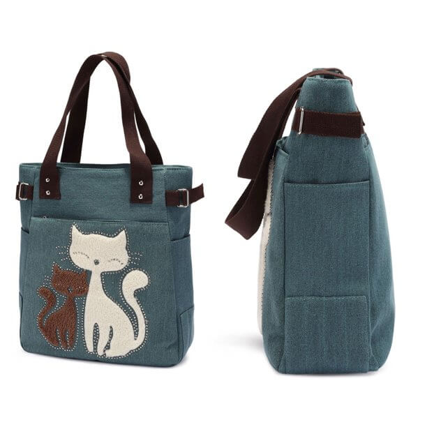 Kat Geborduurde Canvas Tas