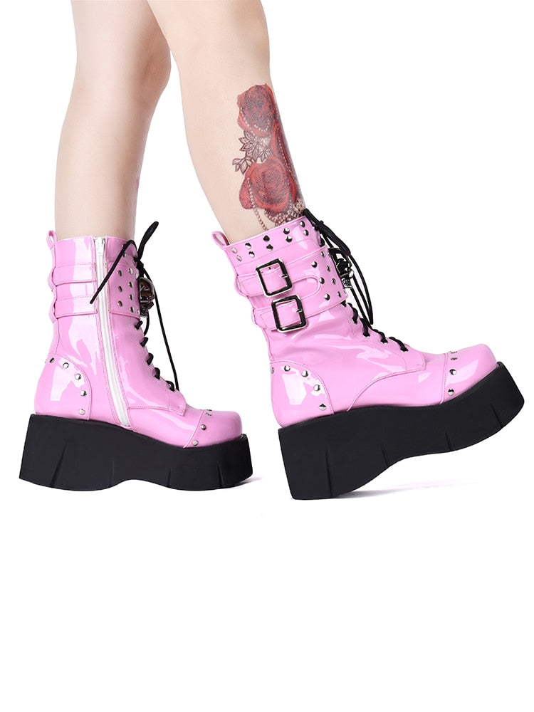 Roze Gothic Lace Up Platform Laarzen