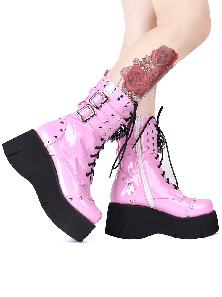 Roze Gothic Lace Up Platform Laarzen