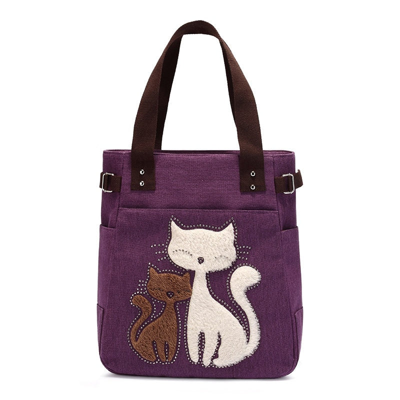 Kat Geborduurde Canvas Tas
