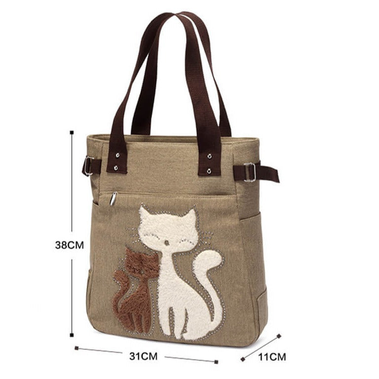 Kat Geborduurde Canvas Tas