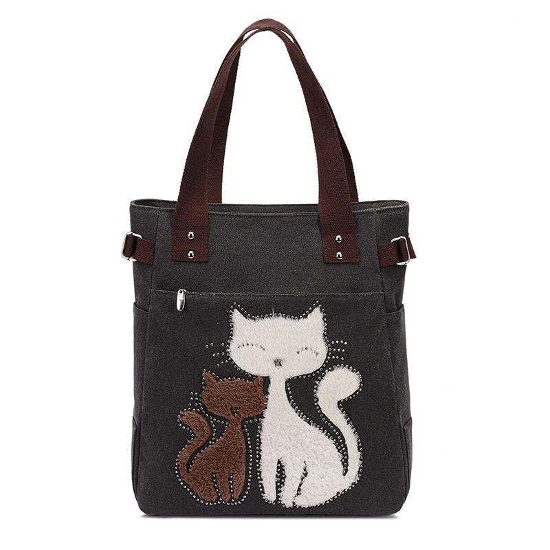 Kat Geborduurde Canvas Tas