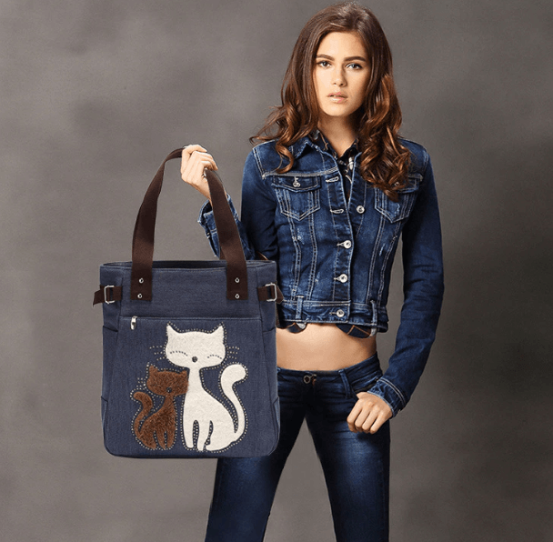 Kat Geborduurde Canvas Tas