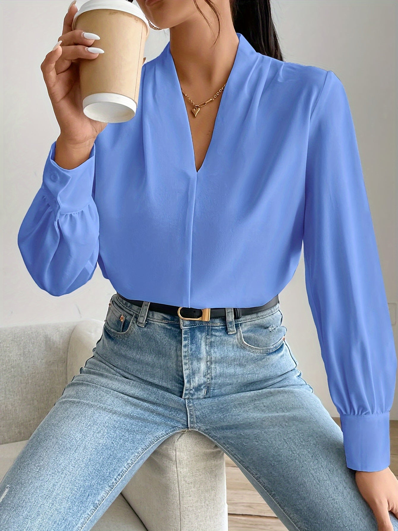 Dames Blouse Zwart V-Hals Elegant Polyester-5