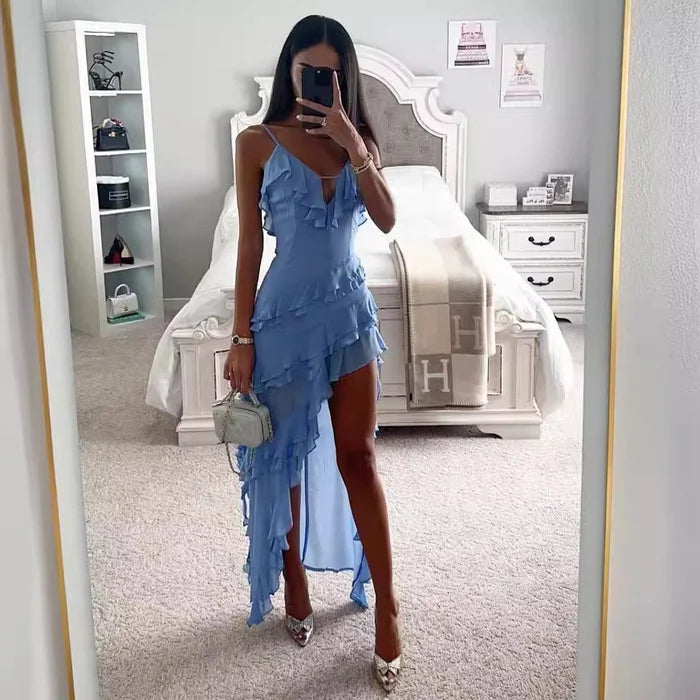 Dames Maxi Jurk Vloeiend Met Ruches Zomer Luxe Stof-1