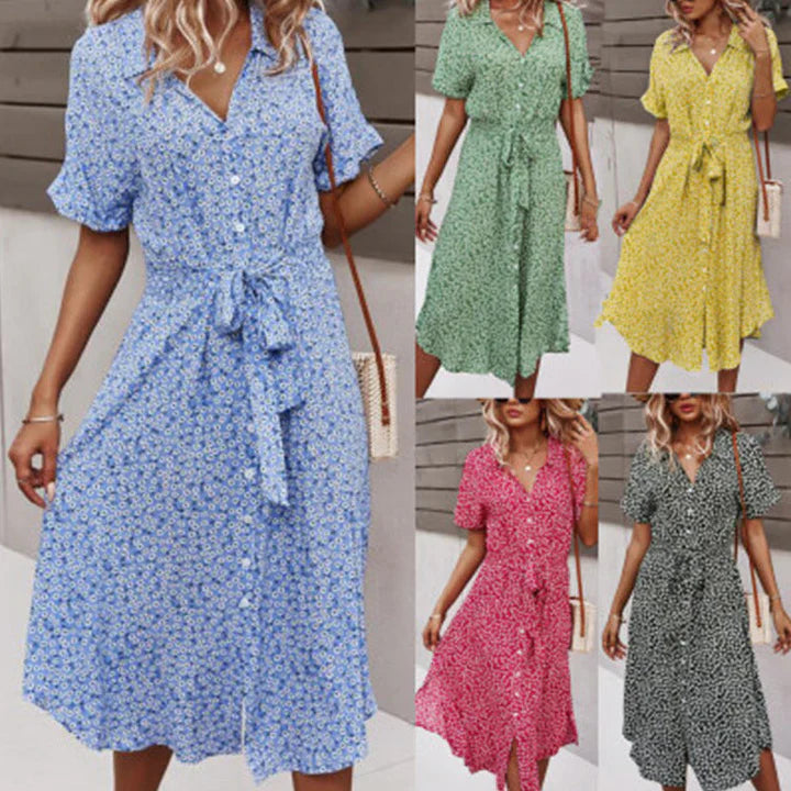Dames Zomerjurk Met Bloemenprint En Veterhals Katoen Knielengte-6