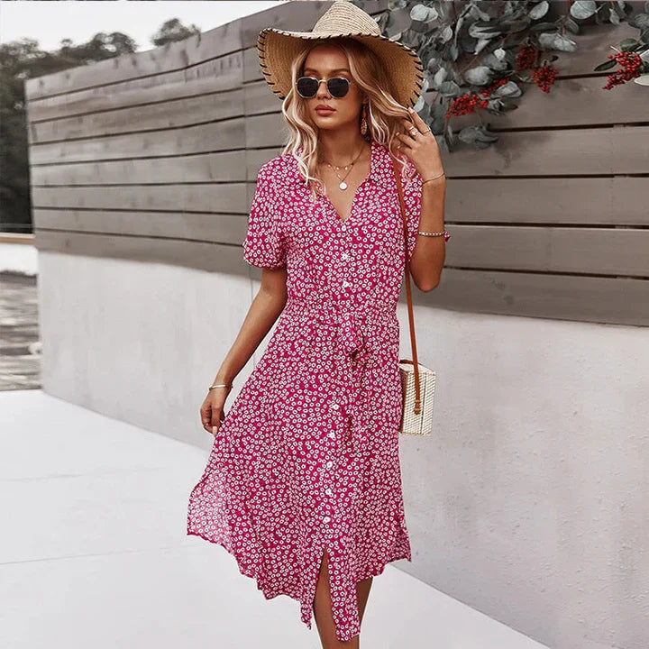 2024 - Zomerjurk voor dames, uitlopende mouwen, bloemenprint, casual, vloeiende midi-jurk, zachte midi-jurk, Blauw, M 2024 - Zomerjurk voor dames, uitlopende mouwen, bloemenprint, casual, vloeiende midi-jurk, zachte midi-jurk, Blauw, M