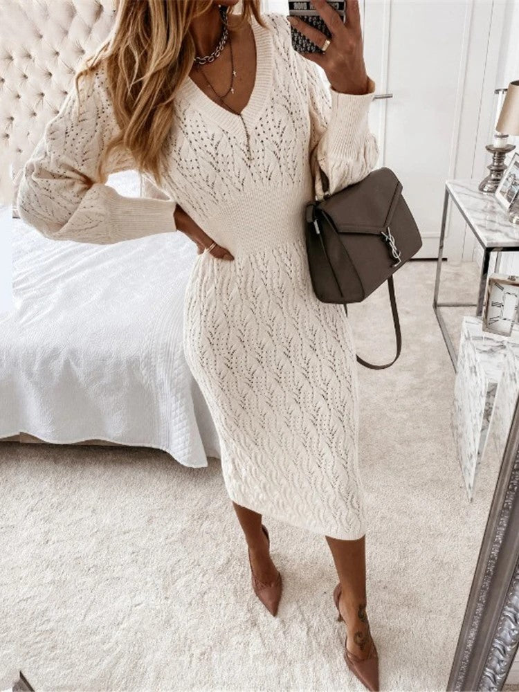 Dames Midi Jurk V-Hals Katoenblend Knie-Lengte Lange Mouwen-2