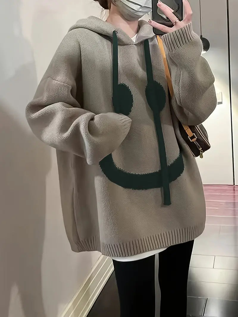 Dames Hoodie Glimlachontwerp Verstelbare Snoertrein Katoen-4