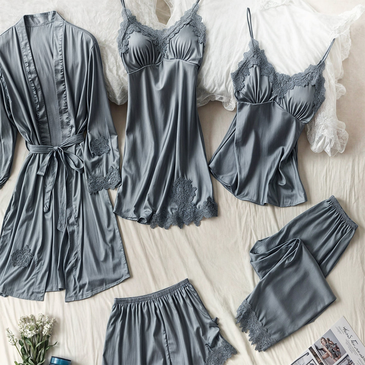 5-in-1 satijnen look nachtkleding set