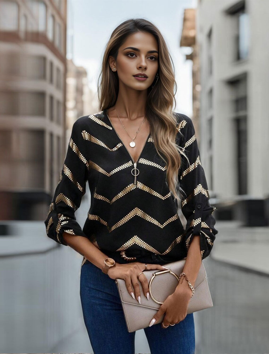 Variant image for Dames Blouse V-hals Gestreept Lichte Stof-1